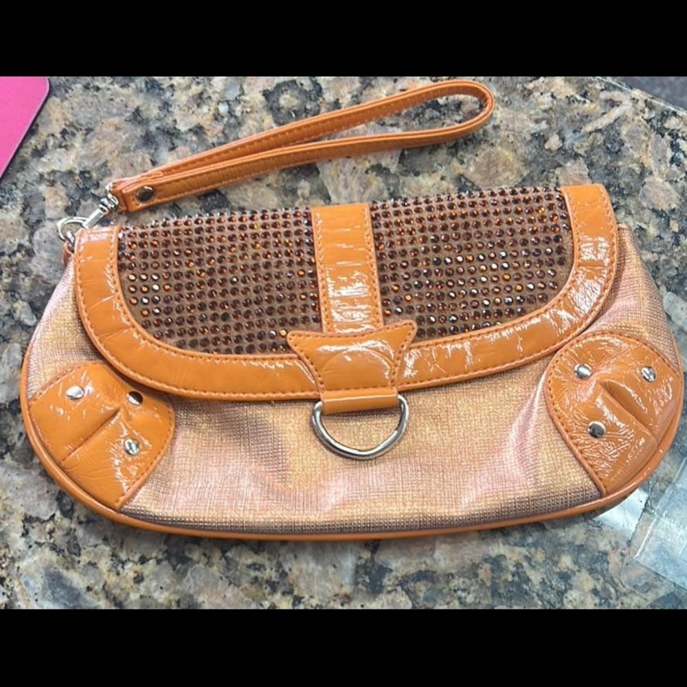 Express Orange Rhinestone Clutch Wristlet Y2K Studded Patent Trim